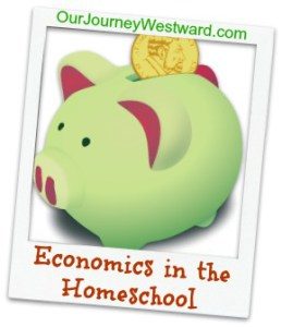 Green piggy bank with gold coin image for a post about Economics in the Homeschool
