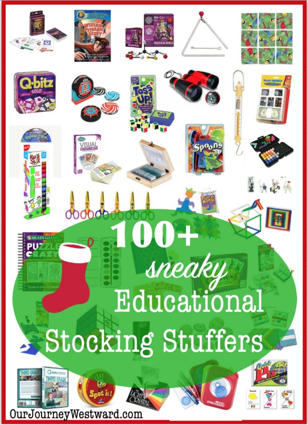 More than 100 ideas for educational stocking stuffers! Image has tons of tiny images of these stocking stuffers